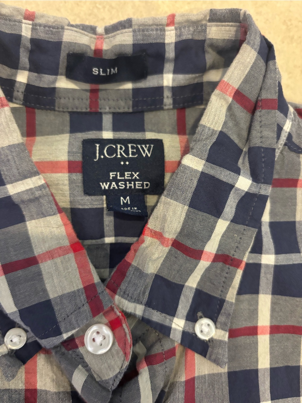 J. Crew Men’s Navy, Red and Cream Plaid Button-Down Shirt